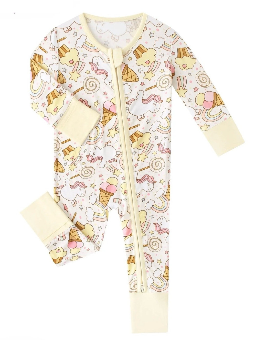 BAMBOO Cream and Pink Unicorn & Sweets Print Footie
